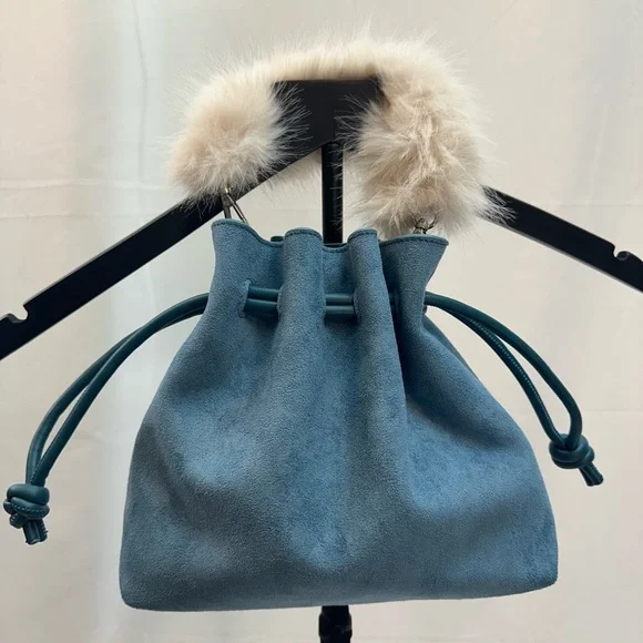 Anthropologie Blue Suede Crossbody Bag with Faux Fur Trim NWTS - Picture 1 of 7